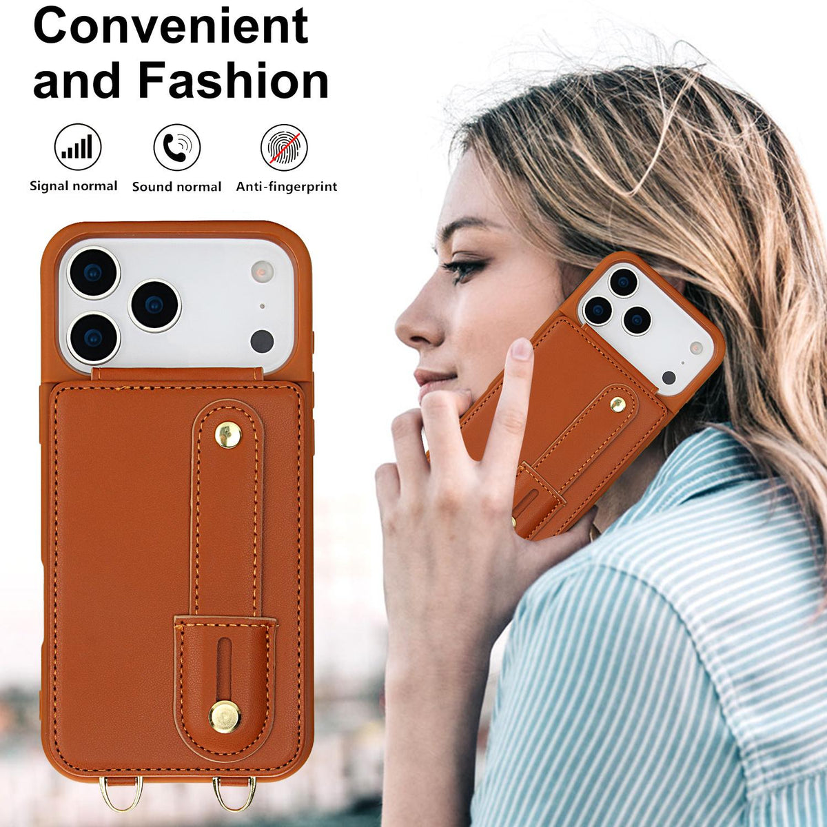 Compatible with iPhone 18 Pro Max & 17 Pro Max Wristband Vertical Flip Wallet Back Cover Phone Case with Long Lanyard - Brown