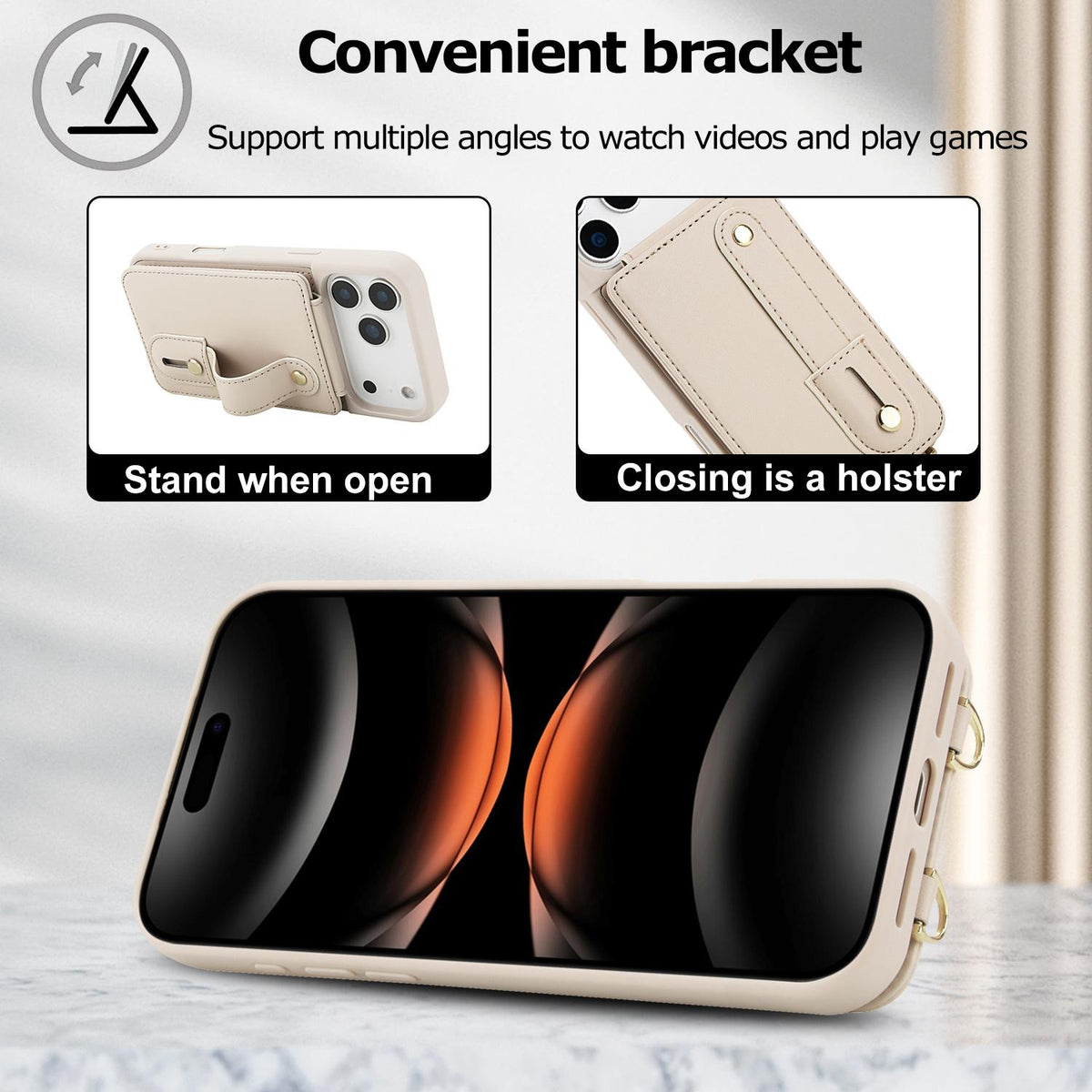 Compatible with iPhone 18 Pro Max & 17 Pro Max Wristband Vertical Flip Wallet Back Cover Phone Case with Long Lanyard - White
