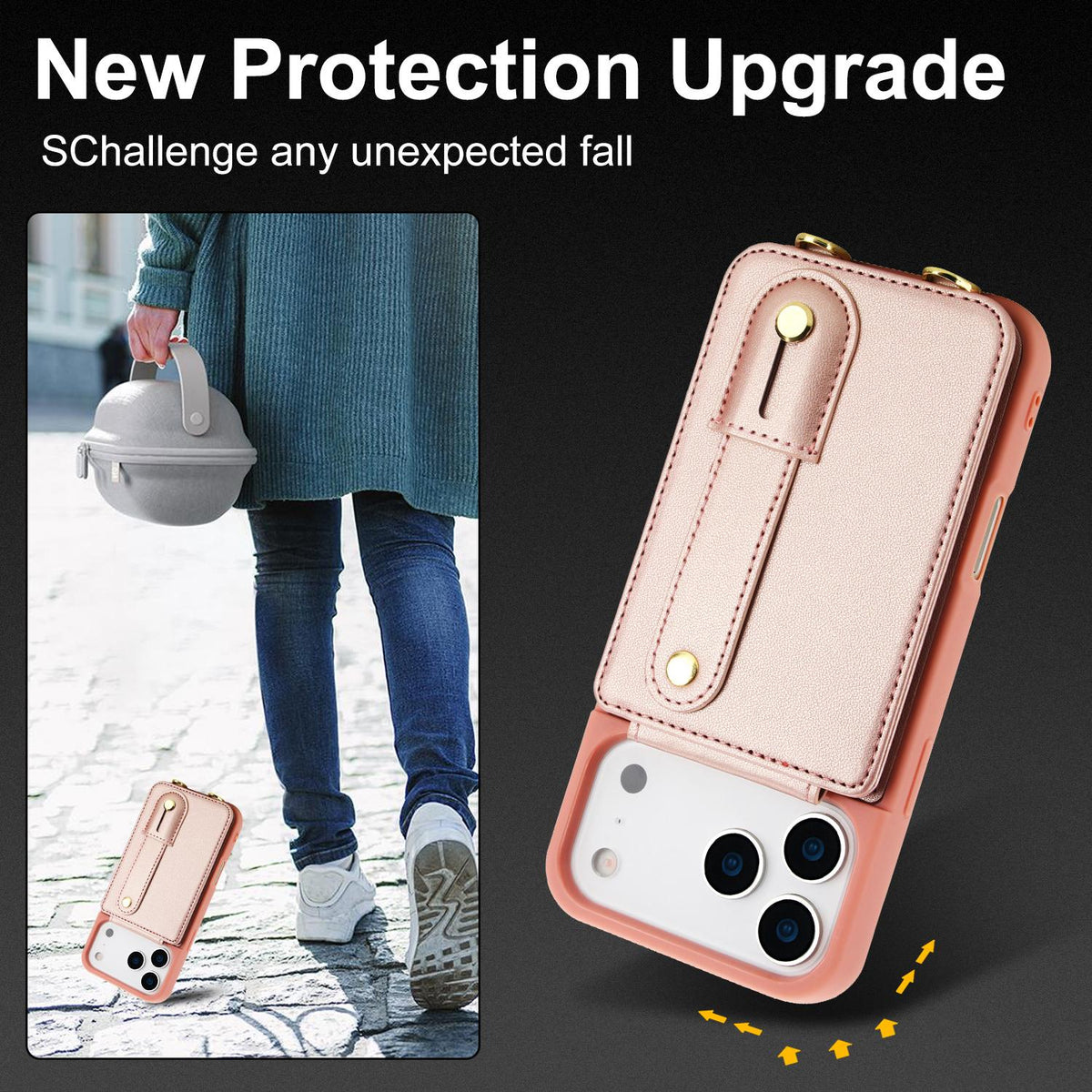 Compatible with iPhone 18 Pro & 17 Pro Wristband Vertical Flip Wallet Back Cover Phone Case with Long Lanyard - Rose Gold