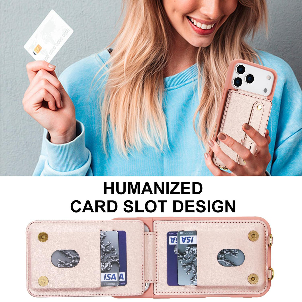 Compatible with iPhone 18 Pro & 17 Pro Wristband Vertical Flip Wallet Back Cover Phone Case with Long Lanyard - Rose Gold