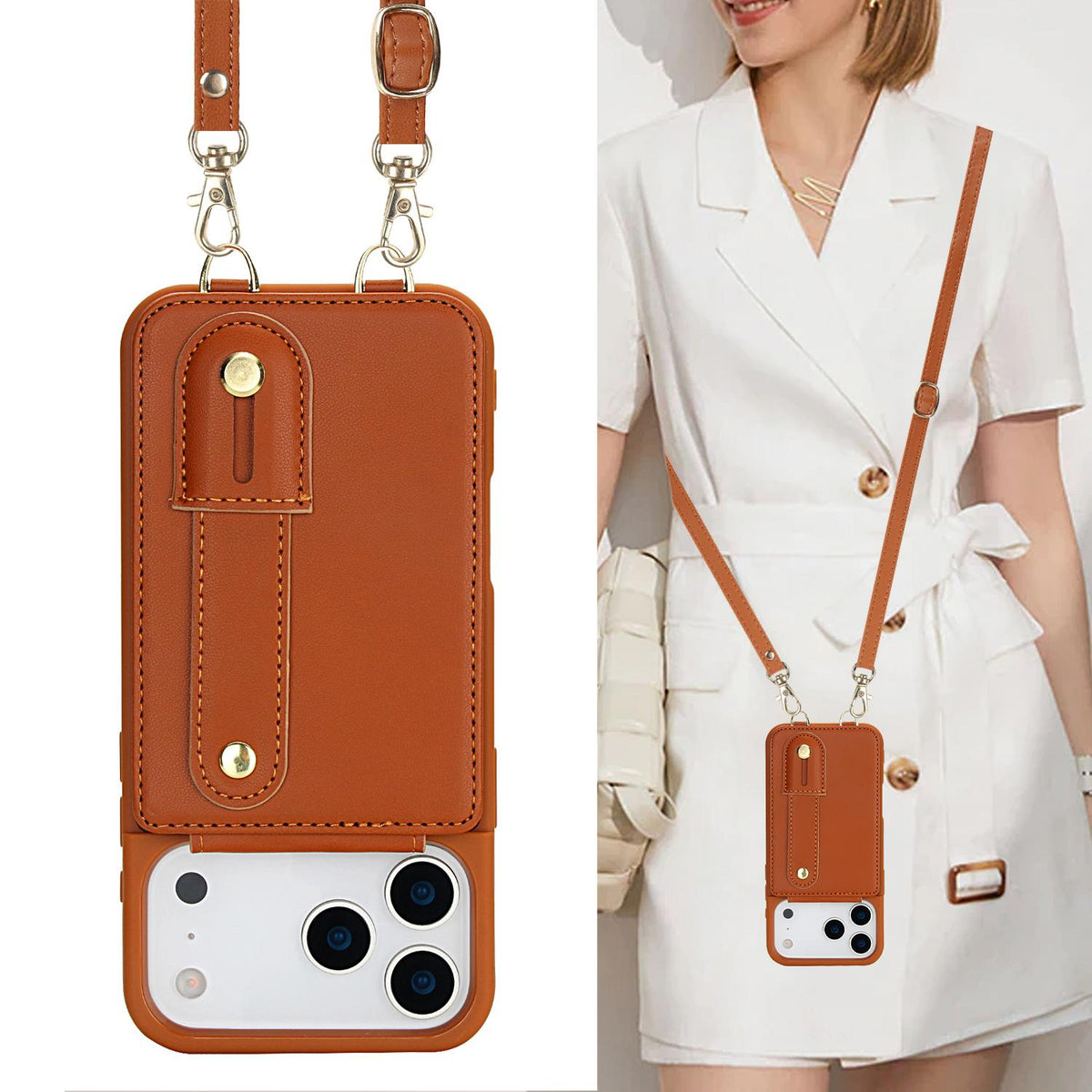 Compatible with iPhone 18 Pro & 17 Pro Wristband Vertical Flip Wallet Back Cover Phone Case with Long Lanyard - Brown