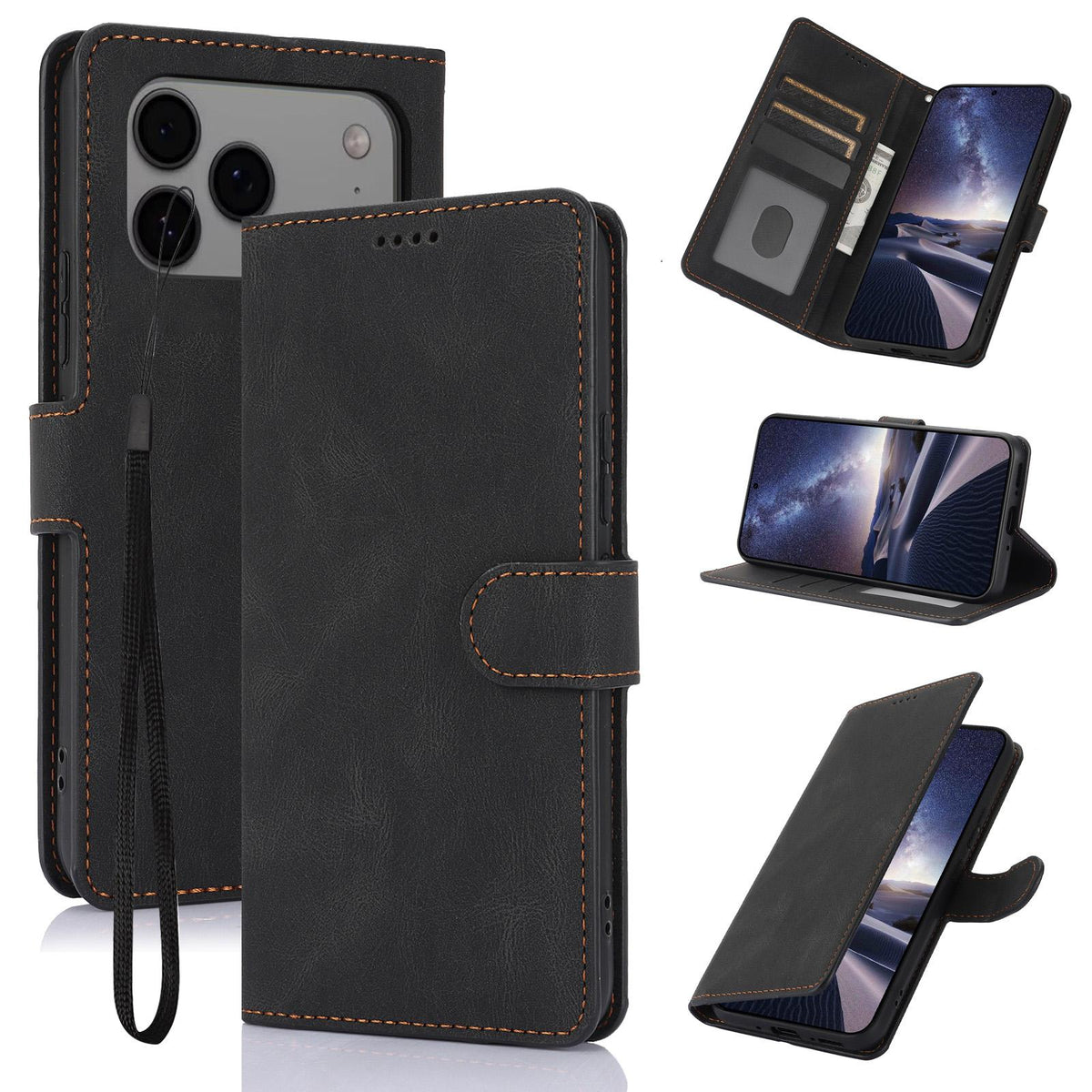 Compatible with iPhone 18 Pro Max & 17 Pro Max Fantasy Skin-feel Calfskin Texture Leather Phone Case - Black
