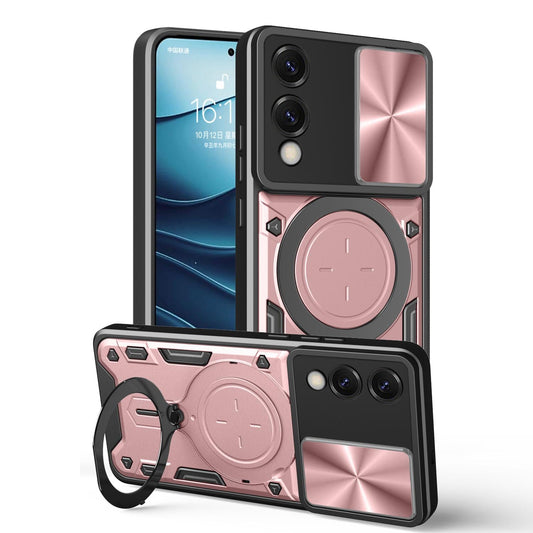 For Samsung Galaxy S25 Edge 5G CD Texture Sliding Camshield Magnetic Holder Phone Case(Pink)