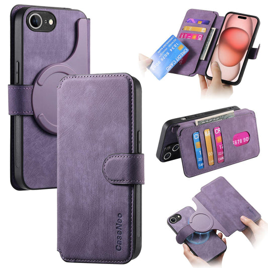 For iPhone 16e CaseNeo MagSafe RFID Anti-theft Retro Leather Phone Case(Purple)