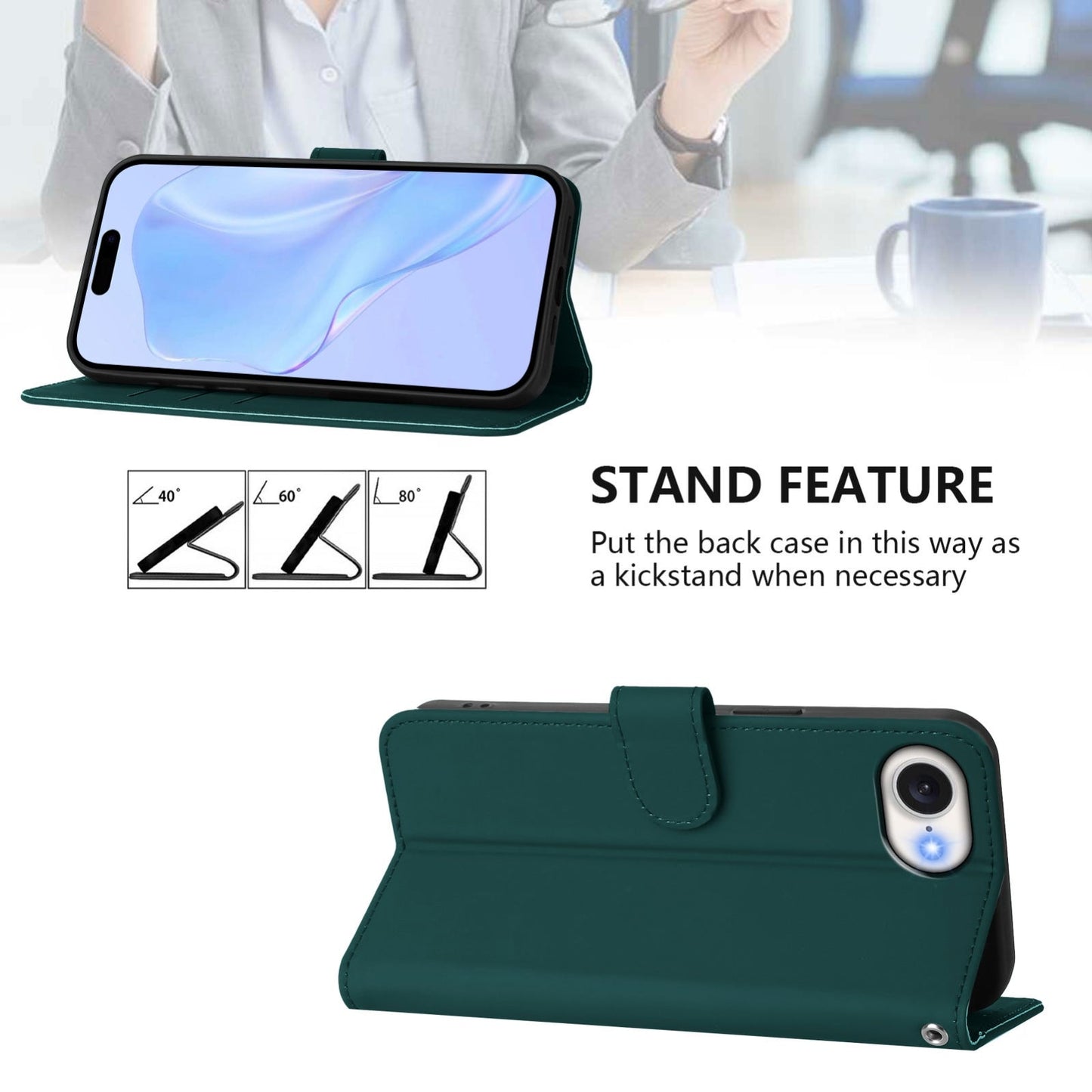 For iPhone 16e Skin Feel Solid Color Leather Phone Case with Lanyard(Dark Green)