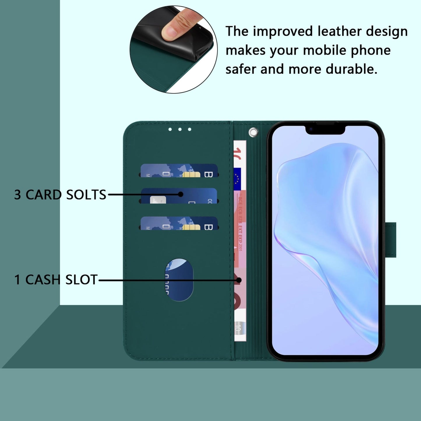 For iPhone 16e Skin Feel Solid Color Leather Phone Case with Lanyard(Dark Green)