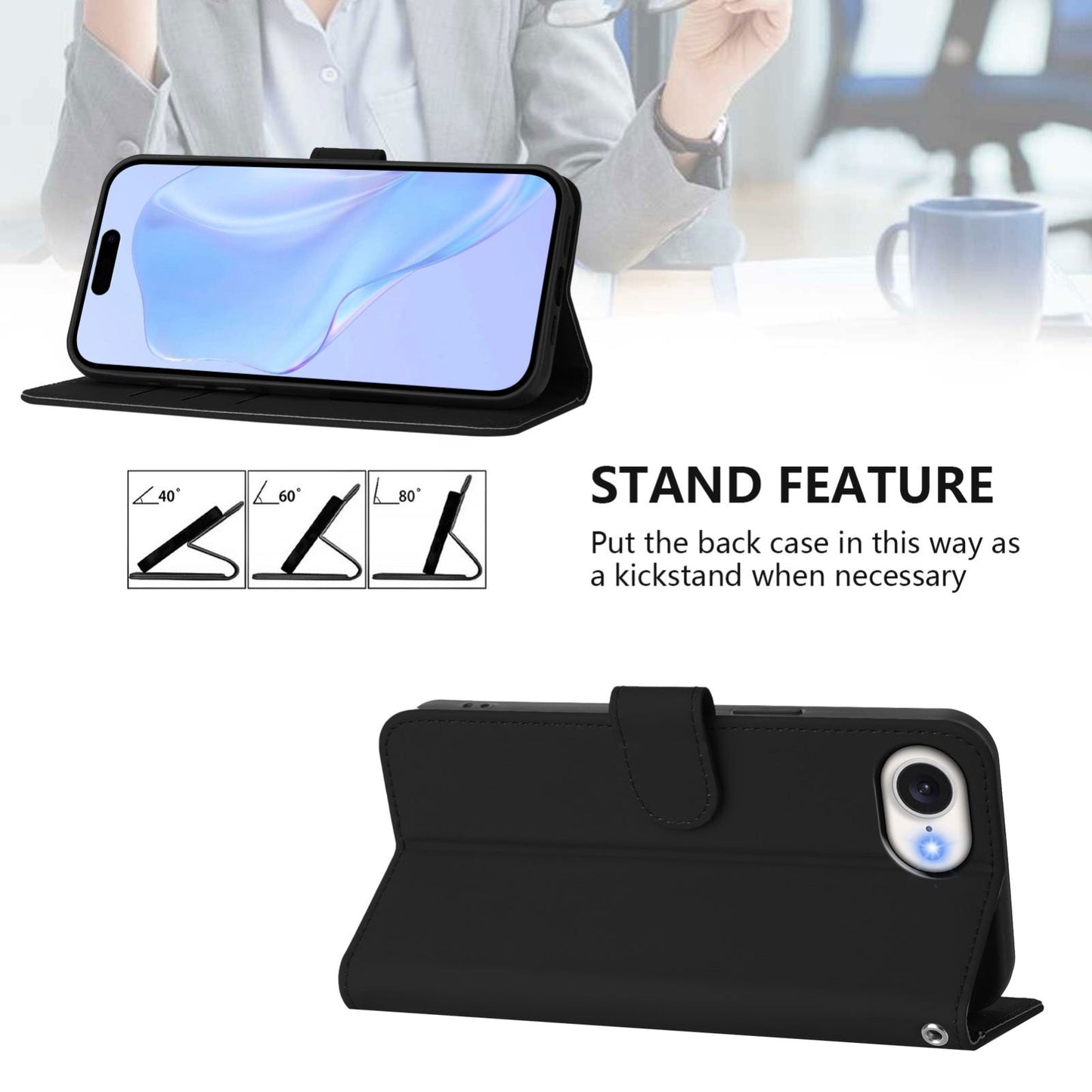 For iPhone 16e Skin Feel Solid Color Leather Phone Case with Lanyard(Black)