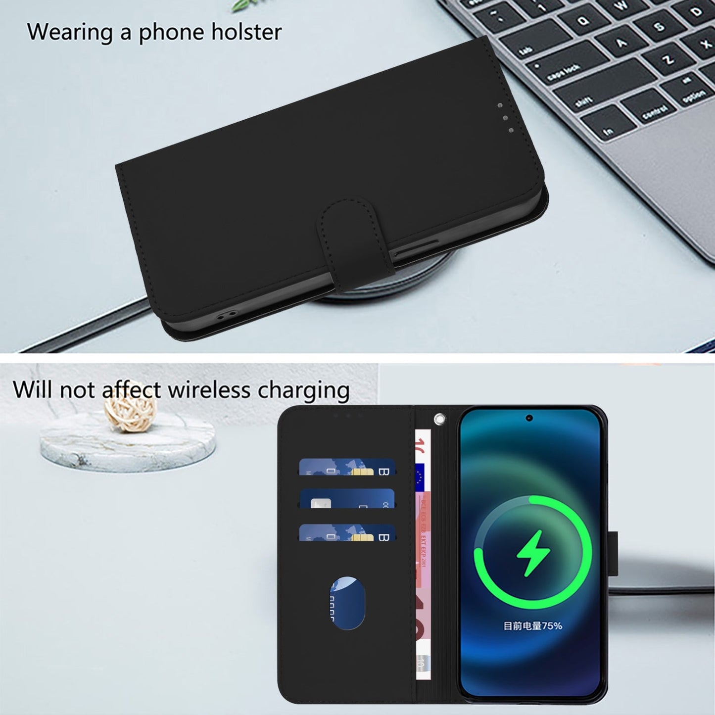 For iPhone 16e Skin Feel Solid Color Leather Phone Case with Lanyard(Black)