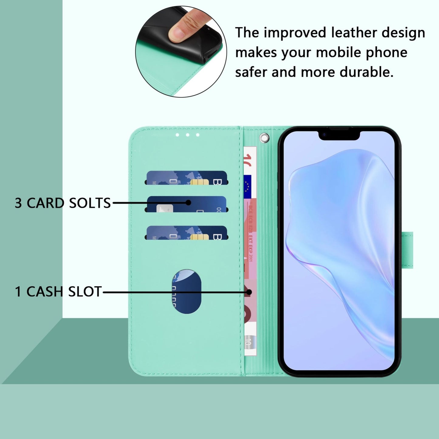 For iPhone 16e Skin Feel Solid Color Leather Phone Case with Lanyard(Mint Green)