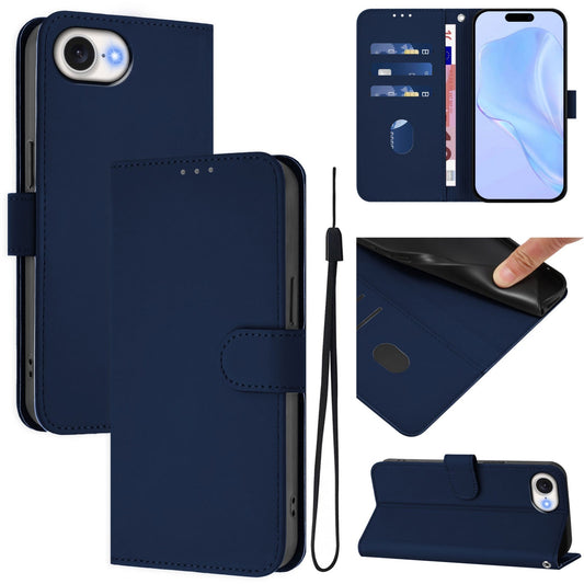 For iPhone 16e Skin Feel Solid Color Leather Phone Case with Lanyard(Navy Blue)