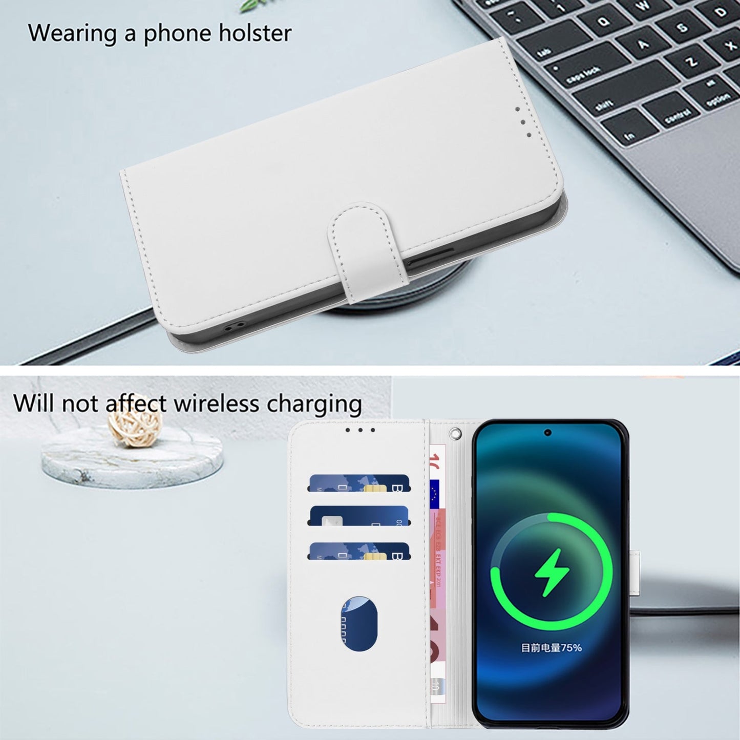 For iPhone 16e Skin Feel Solid Color Leather Phone Case with Lanyard(White)