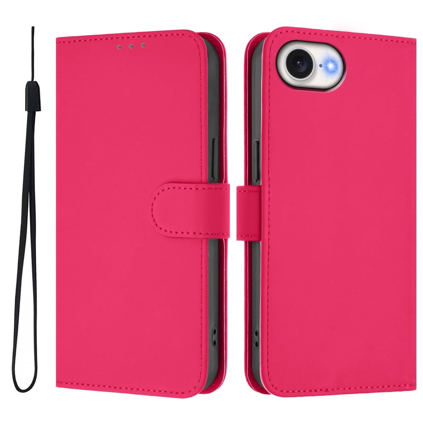 For iPhone 16e Skin Feel Solid Color Leather Phone Case with Lanyard(Rose Red)