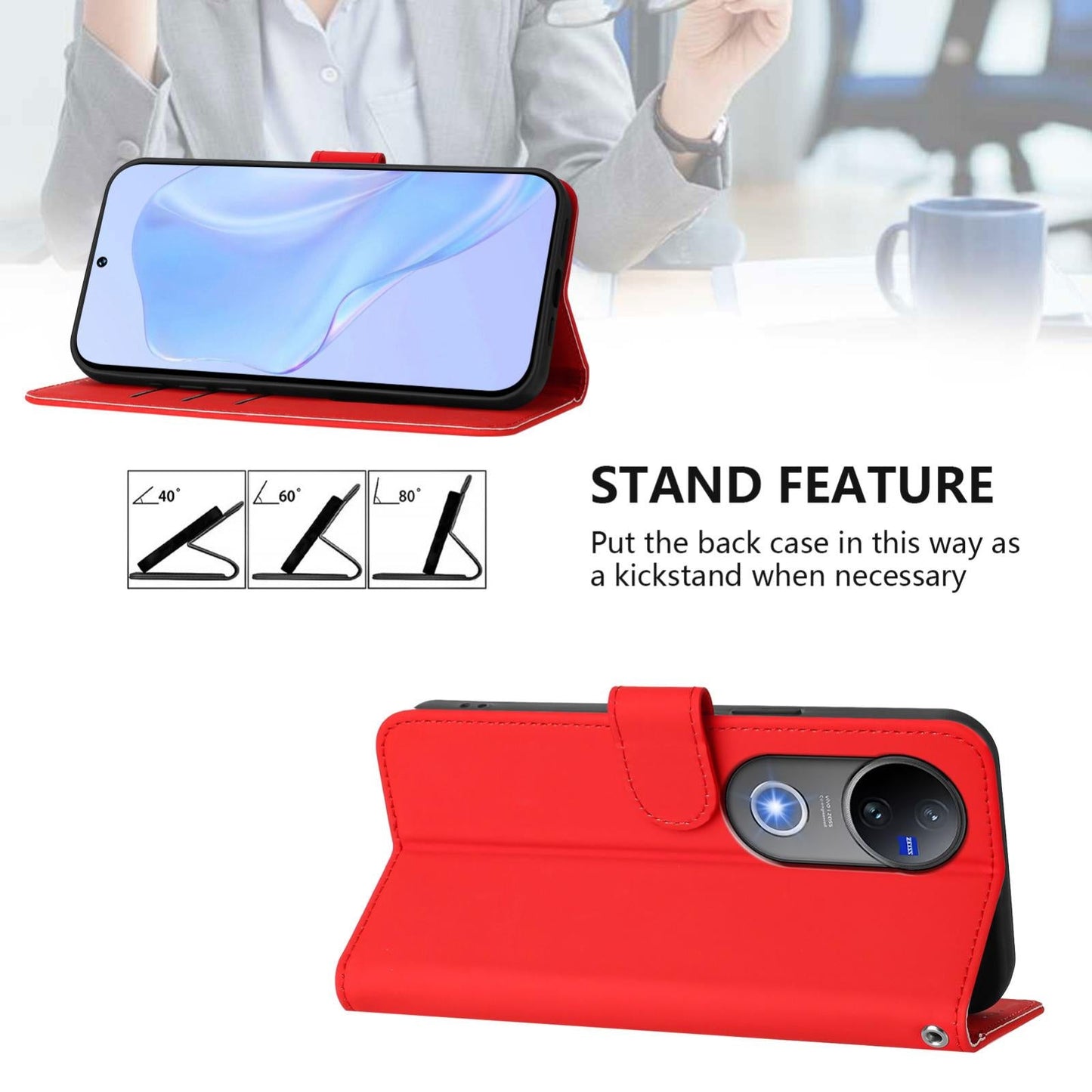 For vivo V50 Global Skin Feel Solid Color Leather Phone Case with Lanyard(Red)