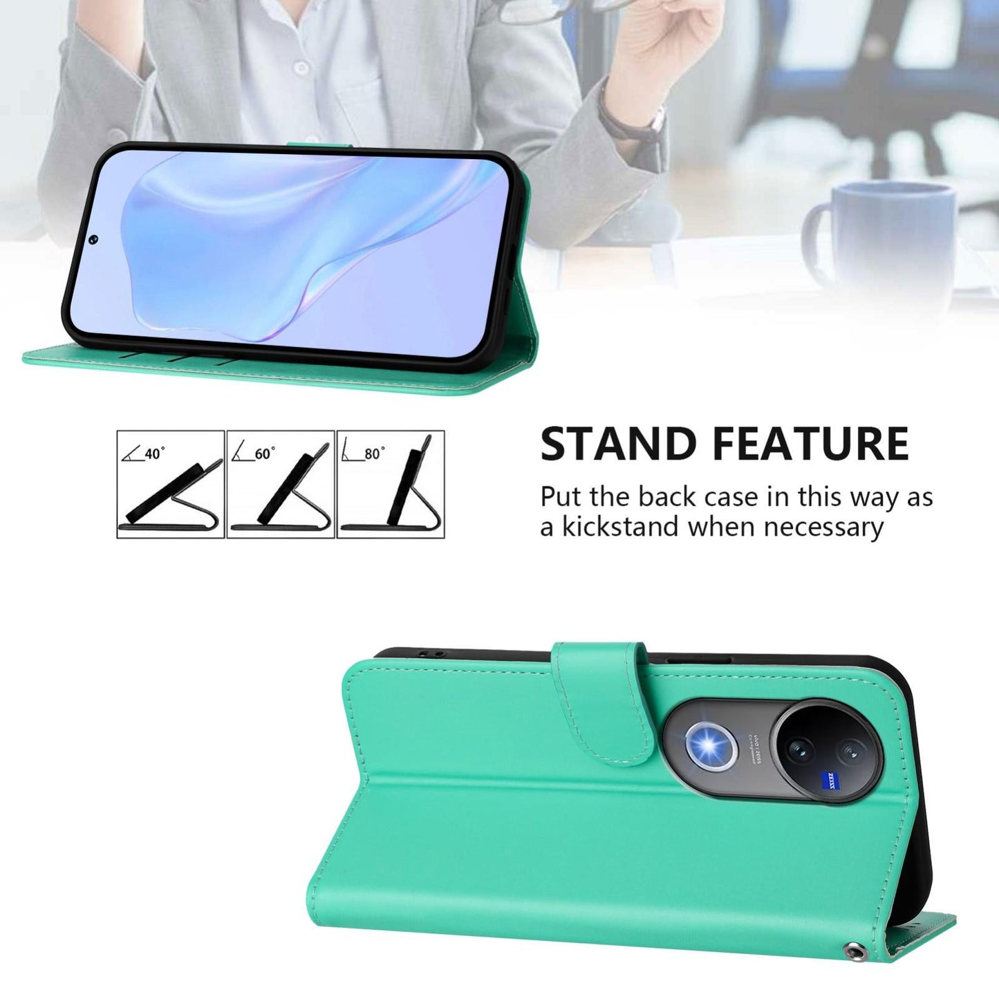 For vivo V50 Global Skin Feel Solid Color Leather Phone Case with Lanyard(Green)