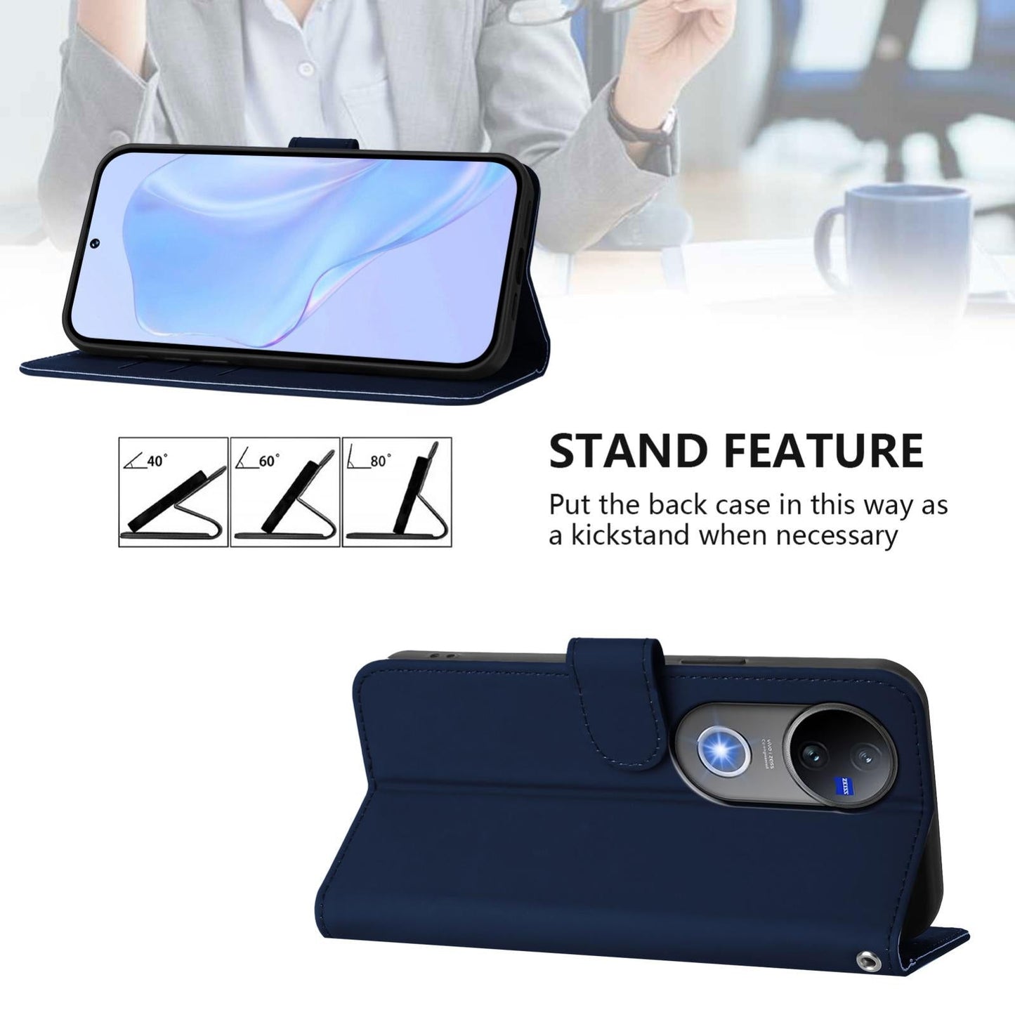 For vivo V50 Global Skin Feel Solid Color Leather Phone Case with Lanyard(Navy Blue)