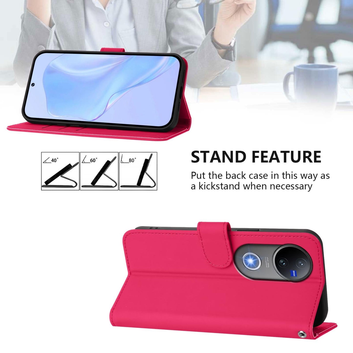 For vivo V50 Global Skin Feel Solid Color Leather Phone Case with Lanyard(Rose Red)