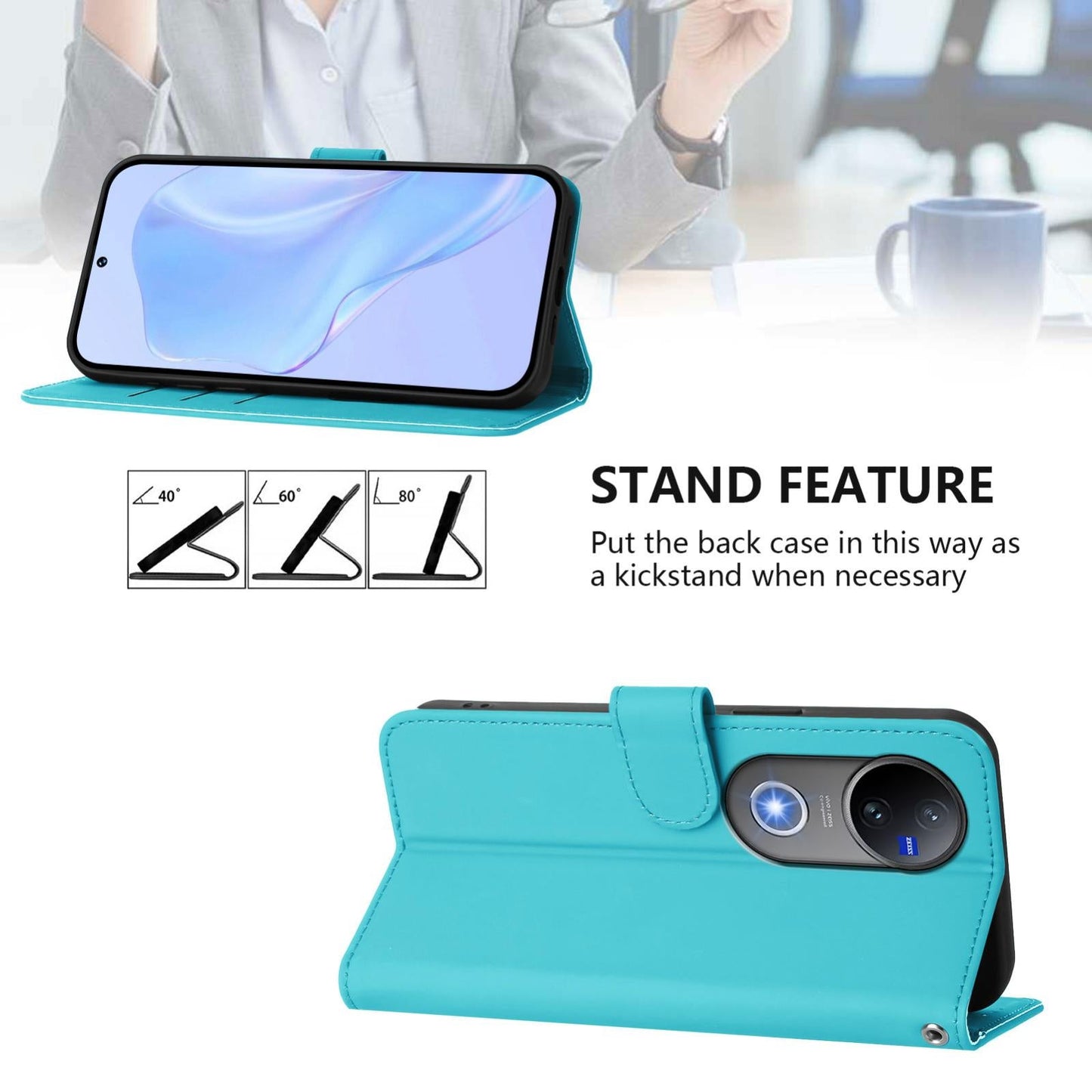 For vivo V50 Global Skin Feel Solid Color Leather Phone Case with Lanyard(Lake Blue)