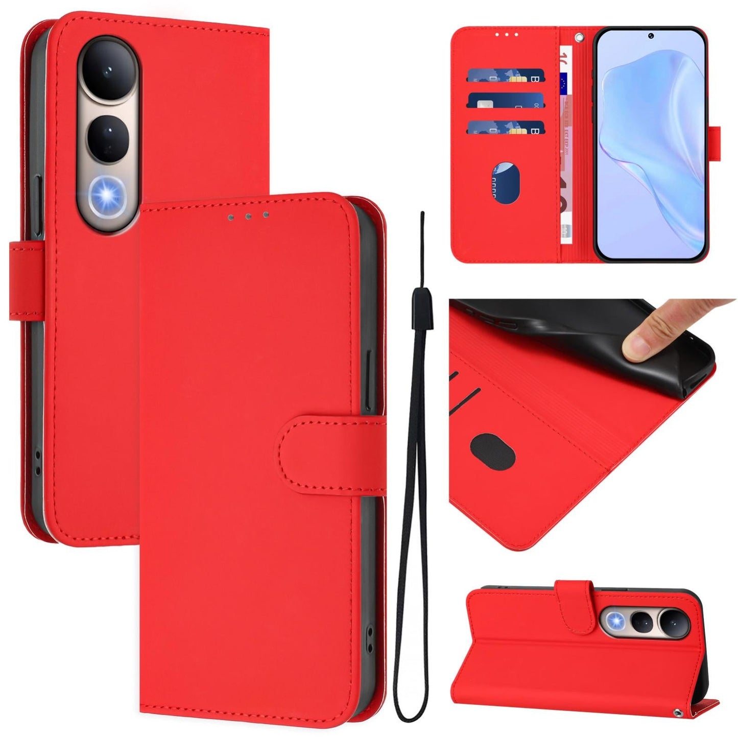 For vivo V50 Lite 5G Skin Feel Solid Color Leather Phone Case with Lanyard(Red)