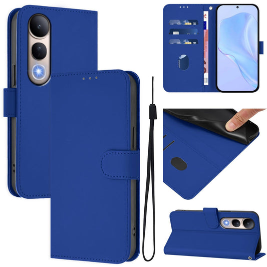 For vivo V50 Lite 5G Skin Feel Solid Color Leather Phone Case with Lanyard(Dark Blue)