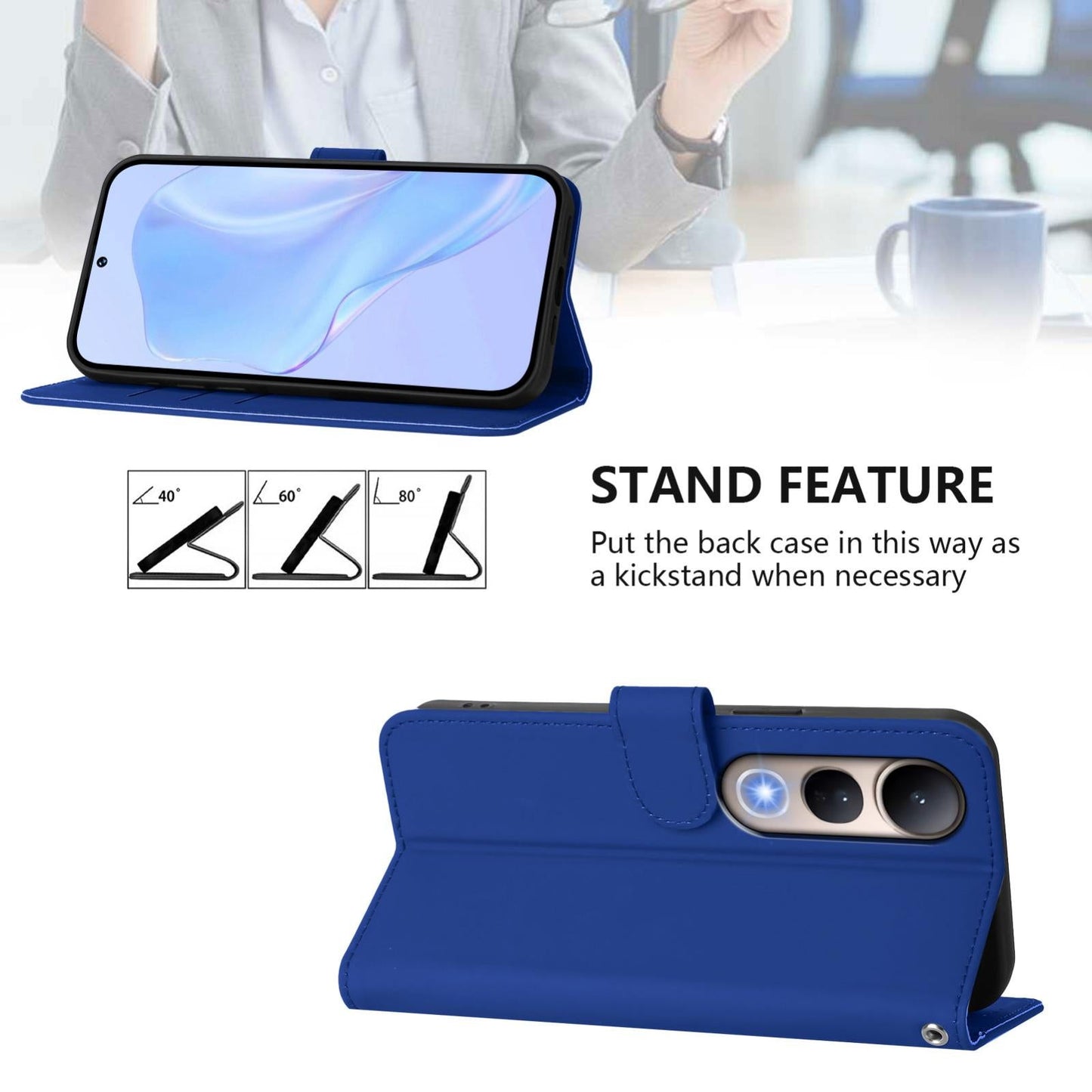 For vivo V50 Lite 5G Skin Feel Solid Color Leather Phone Case with Lanyard(Dark Blue)