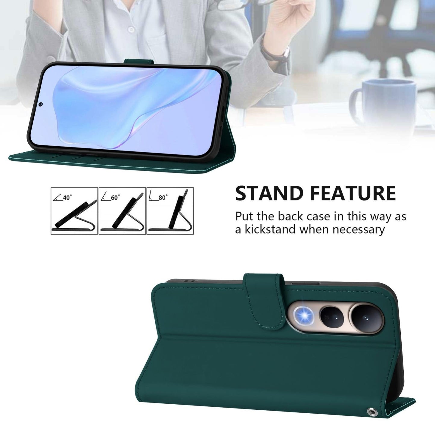 For vivo V50 Lite 5G Skin Feel Solid Color Leather Phone Case with Lanyard(Dark Green)