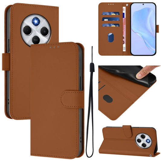 For Redmi 14C 4G Skin Feel Solid Color Leather Phone Case with Lanyard(Brown)
