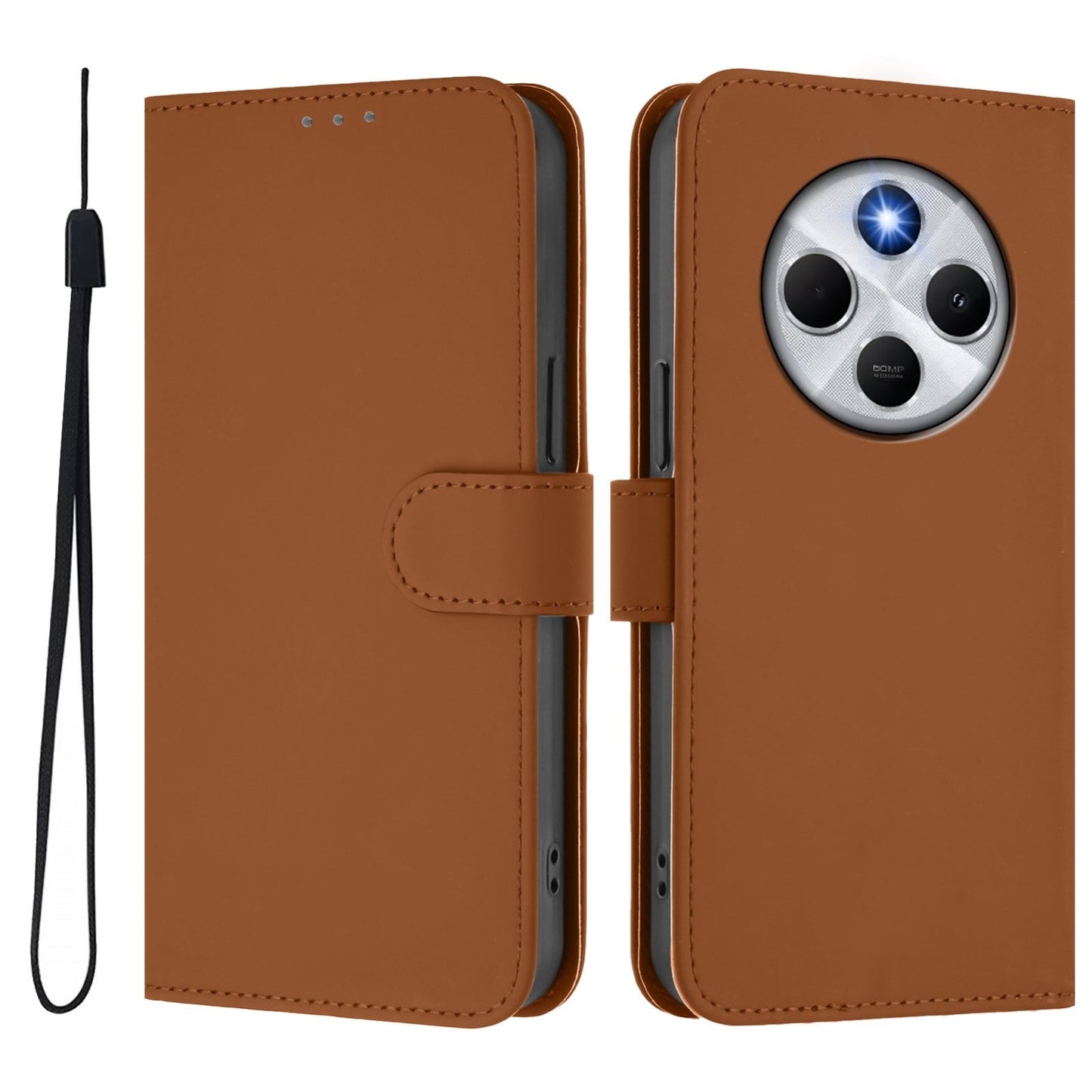 For Redmi 14C 4G Skin Feel Solid Color Leather Phone Case with Lanyard(Brown)