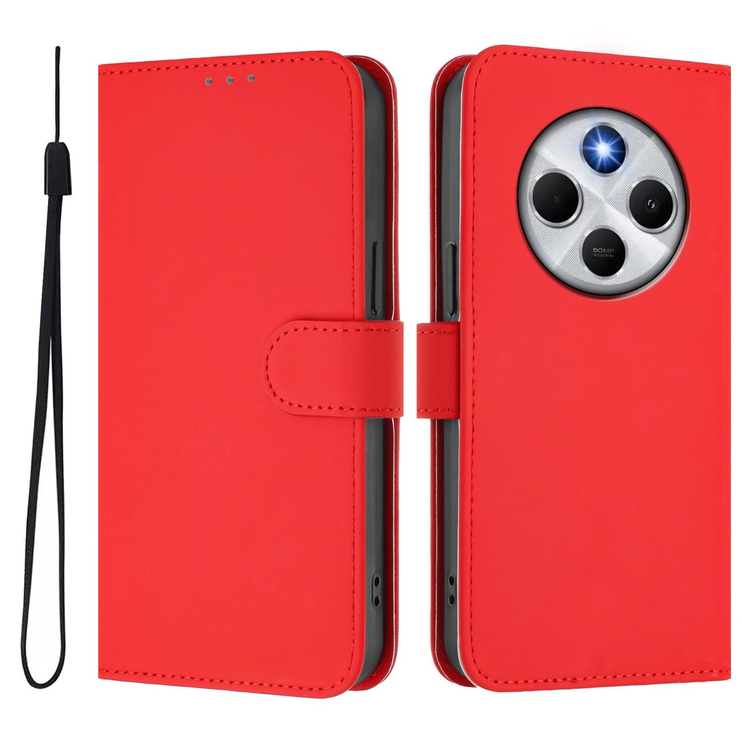 For Redmi 14C 4G Skin Feel Solid Color Leather Phone Case with Lanyard(Red)
