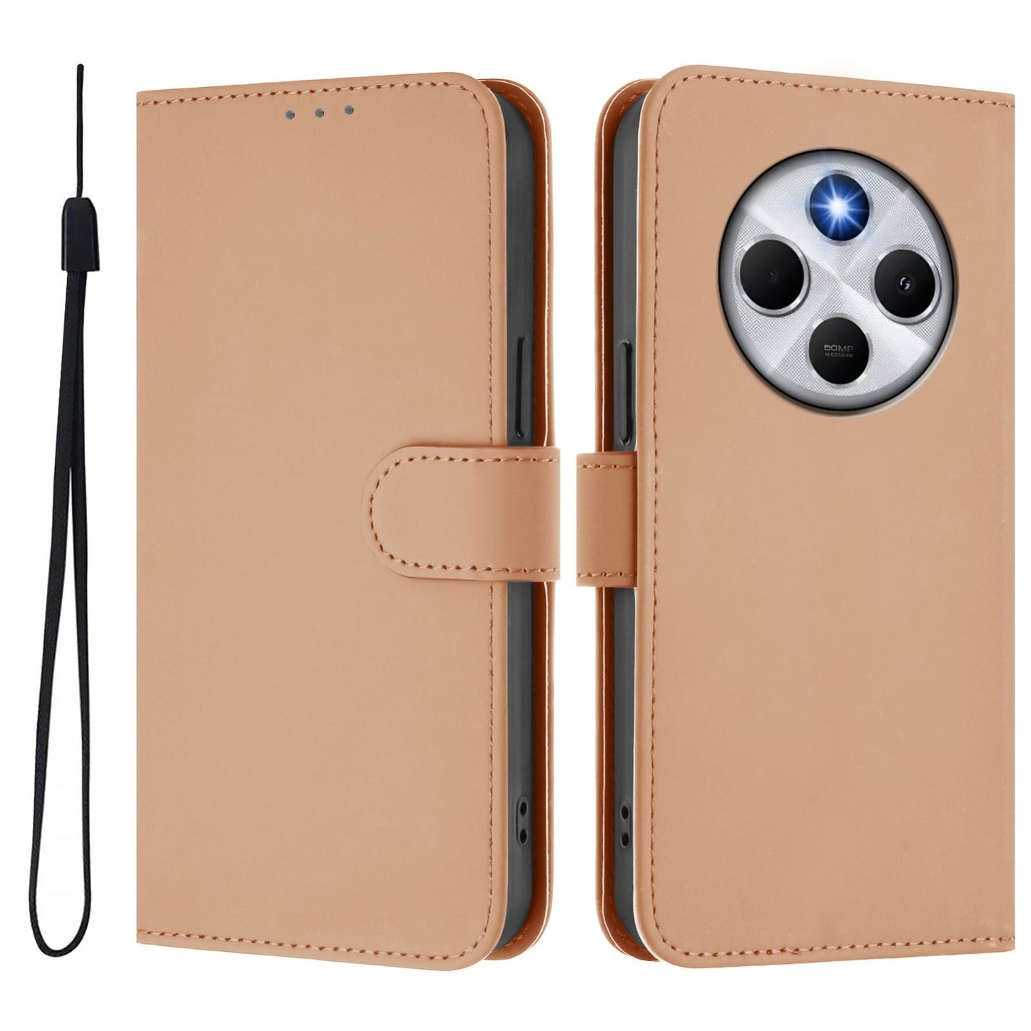 For Redmi 14C 4G Skin Feel Solid Color Leather Phone Case with Lanyard(Nude)