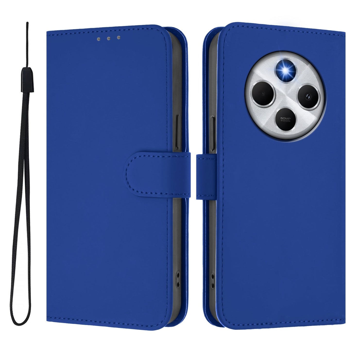 For Redmi 14C 4G Skin Feel Solid Color Leather Phone Case with Lanyard(Dark Blue)