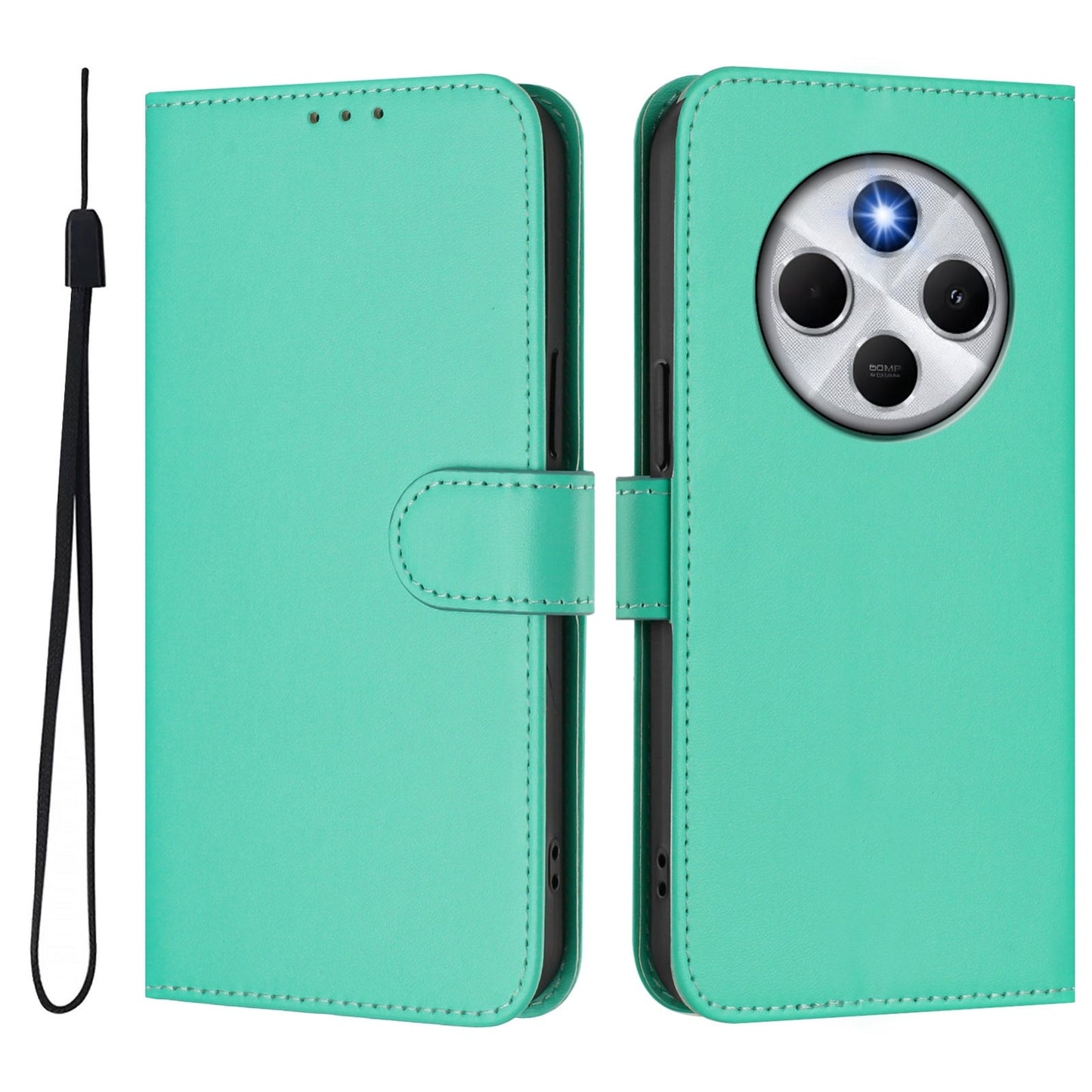 For Redmi 14C 4G Skin Feel Solid Color Leather Phone Case with Lanyard(Green)