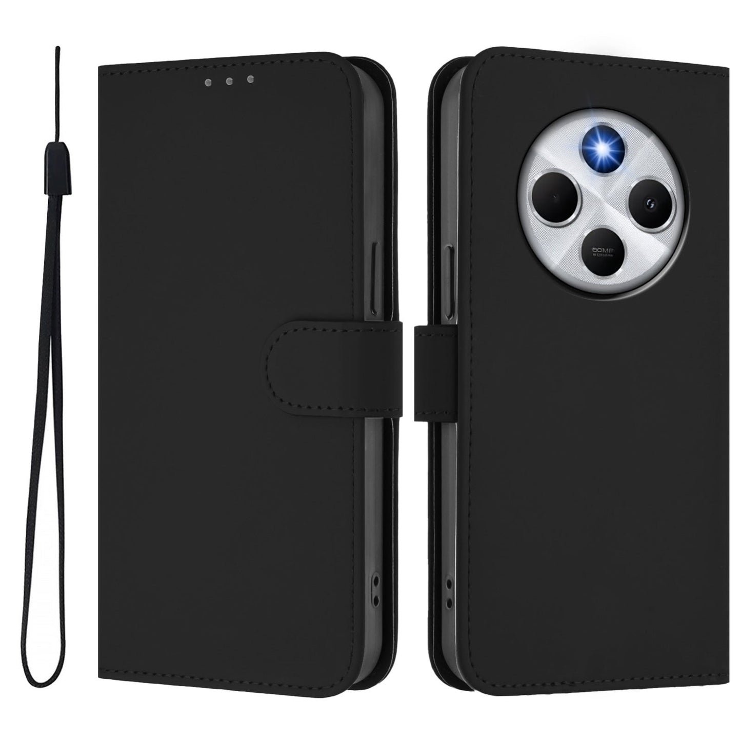 For Redmi 14C 4G Skin Feel Solid Color Leather Phone Case with Lanyard(Black)