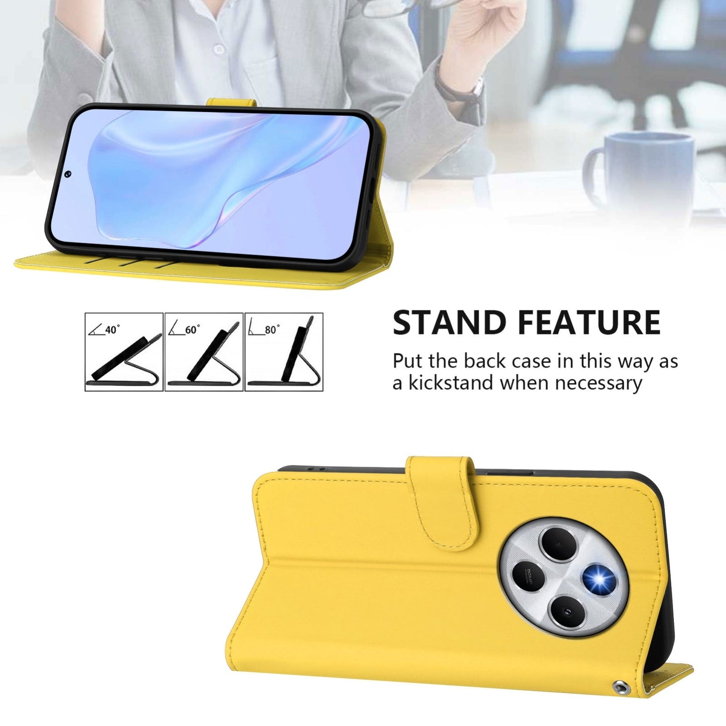 For Redmi 14C 4G Skin Feel Solid Color Leather Phone Case with Lanyard(Lemon Yellow)