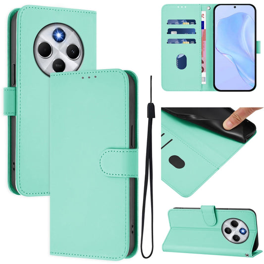 For Redmi 14C 4G Skin Feel Solid Color Leather Phone Case with Lanyard(Mint Green)