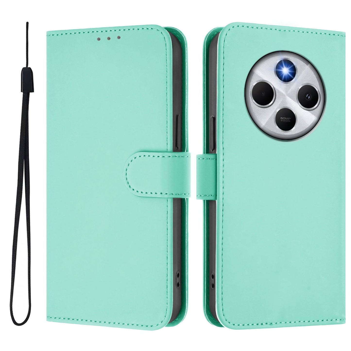 For Redmi 14C 4G Skin Feel Solid Color Leather Phone Case with Lanyard(Mint Green)