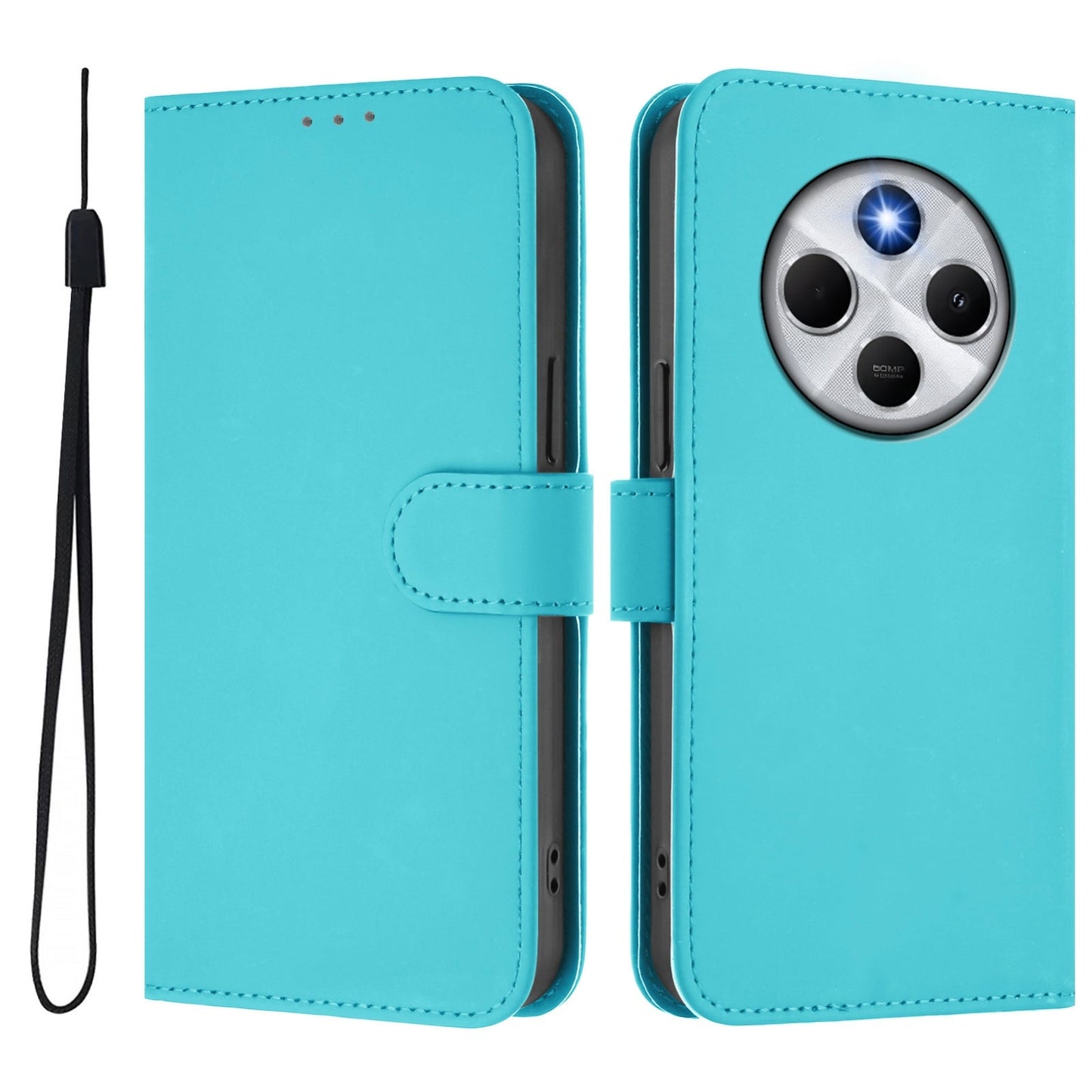 For Redmi 14C 4G Skin Feel Solid Color Leather Phone Case with Lanyard(Lake Blue)