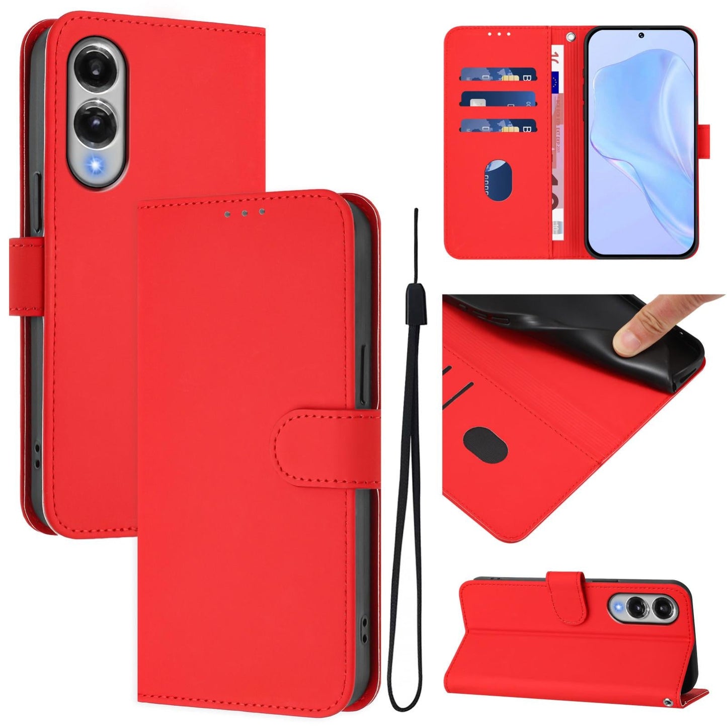 For Samsung Galaxy S25 Edge 5G Skin Feel Solid Color Leather Phone Case with Lanyard(Red)