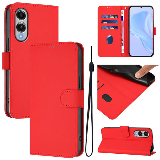 For Samsung Galaxy S25 Edge 5G Skin Feel Solid Color Leather Phone Case with Lanyard(Red)