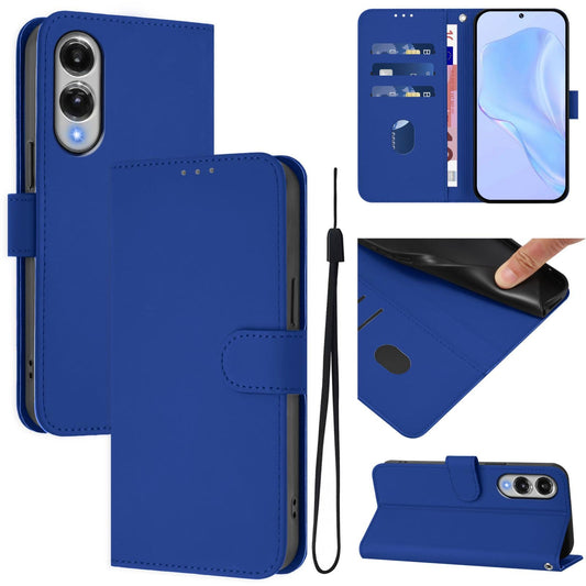 For Samsung Galaxy S25 Edge 5G Skin Feel Solid Color Leather Phone Case with Lanyard(Dark Blue)