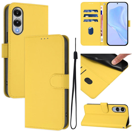 For Samsung Galaxy S25 Edge 5G Skin Feel Solid Color Leather Phone Case with Lanyard(Lemon Yellow)