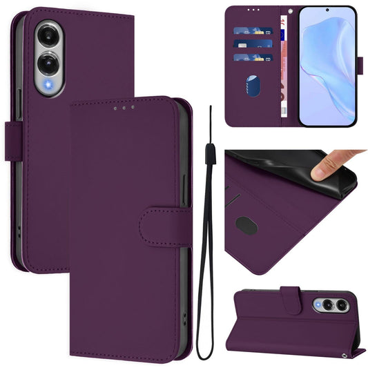 For Samsung Galaxy S25 Edge 5G Skin Feel Solid Color Leather Phone Case with Lanyard(Violet)