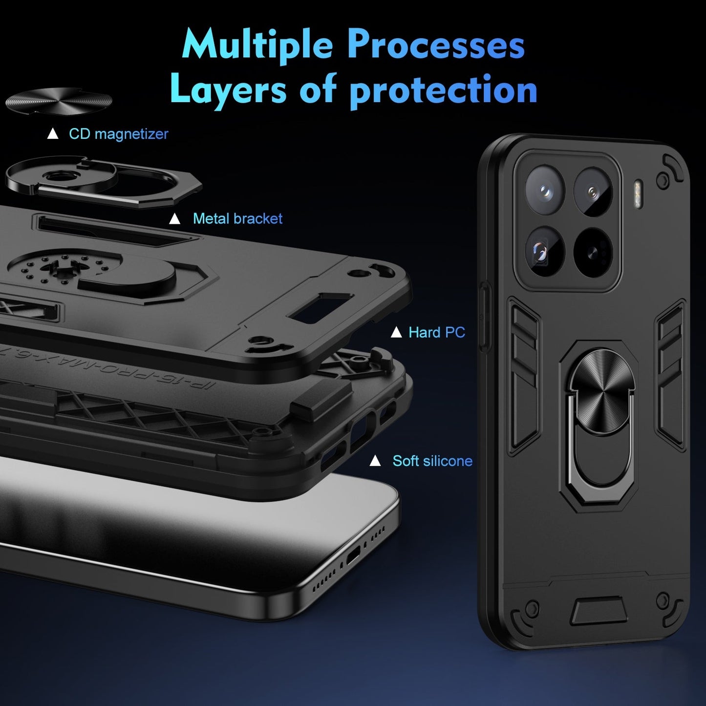 For Xiaomi 15 Pro Shockproof Metal Ring Holder Phone Case(Black)