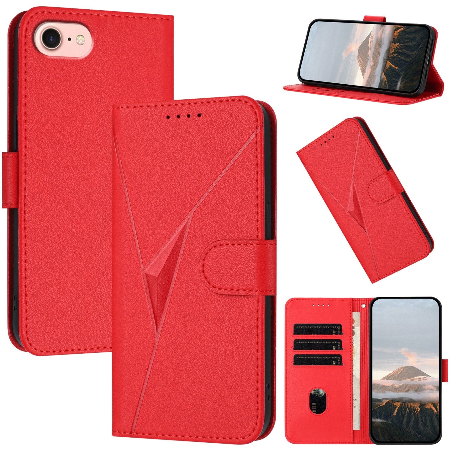 For iPhone 16e Triangle Pattern Buckle Clasp Leather Phone Case(Red)