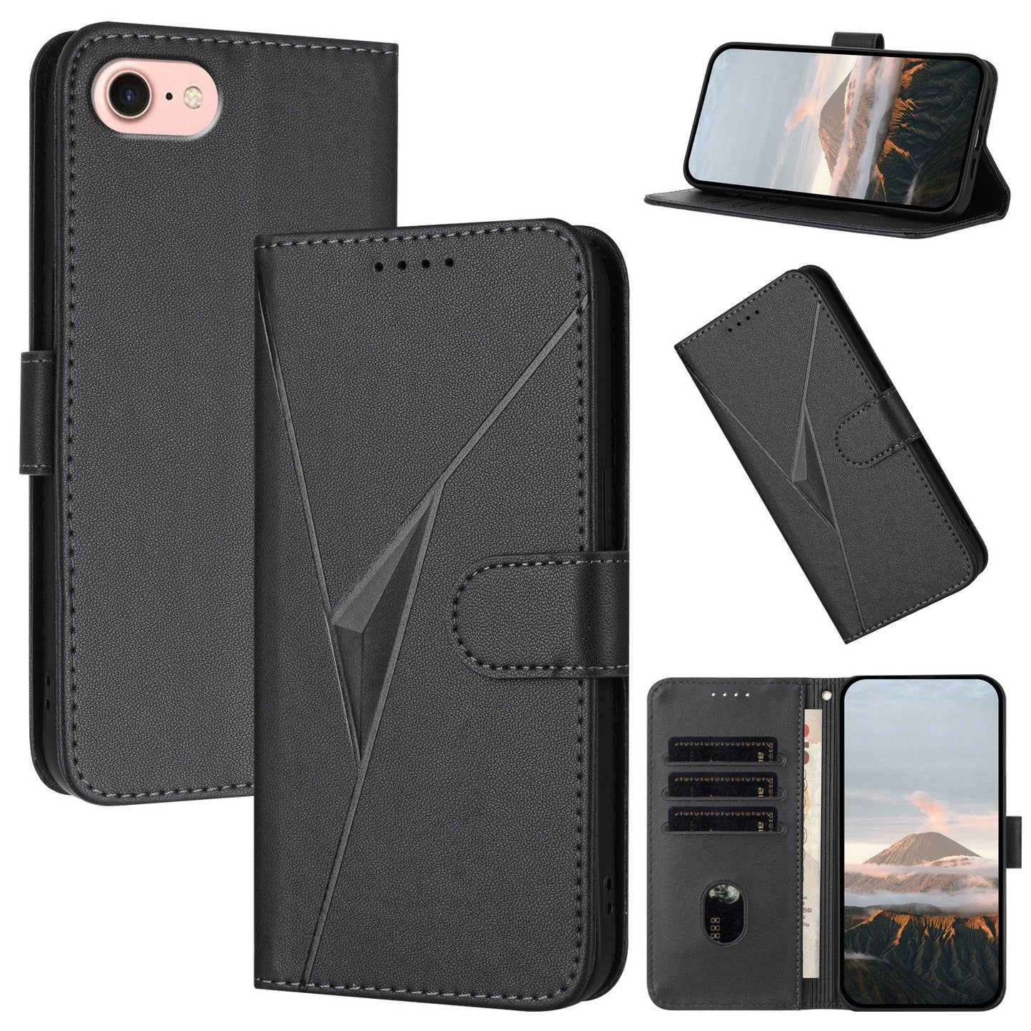 For iPhone 16e Triangle Pattern Buckle Clasp Leather Phone Case(Black)