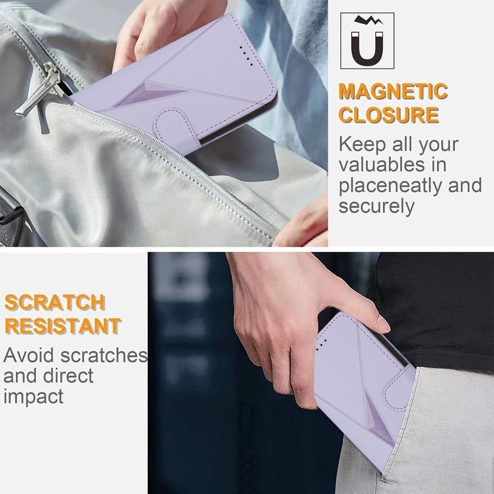 For iPhone 16e Triangle Pattern Buckle Clasp Leather Phone Case(Light Purple)