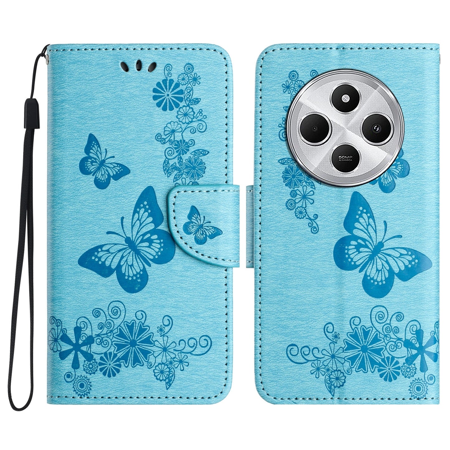 For Redmi 14C Butterfly Embossed Flip Leather Phone Case(Blue)