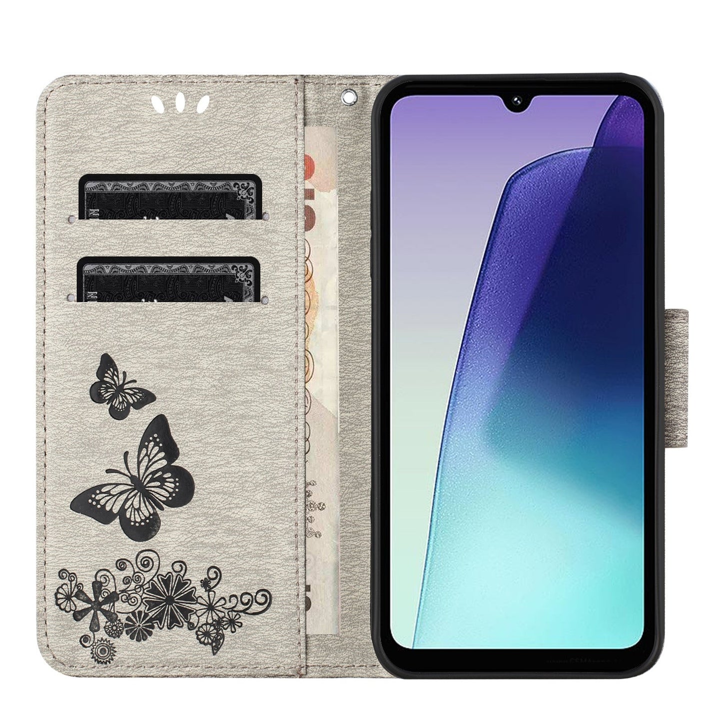 For Redmi 14C Butterfly Embossed Flip Leather Phone Case(Grey)