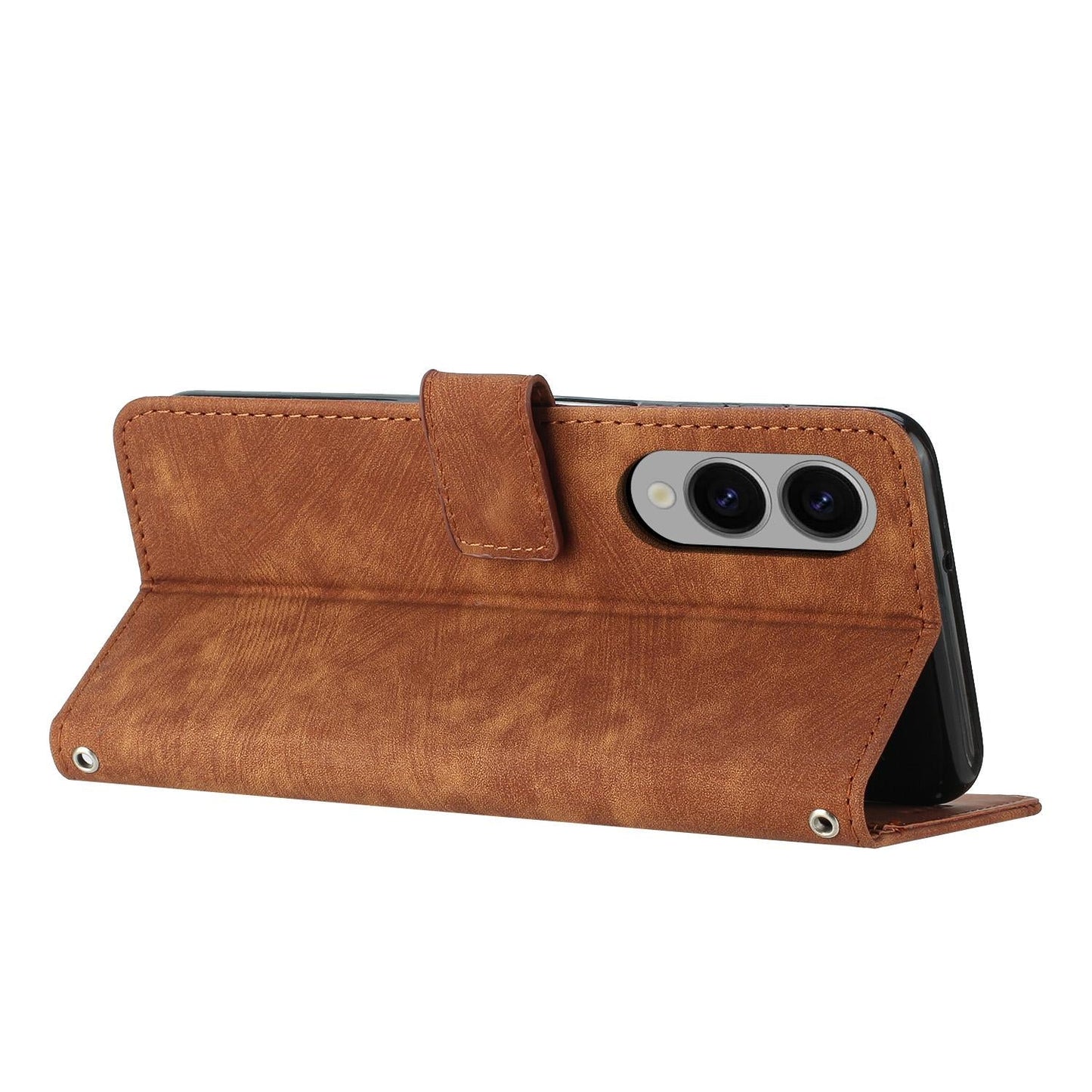 For Samsung Galaxy S25 Edge 5G Skin Feel Stripe Pattern Leather Phone Case with Long Lanyard(Brown)