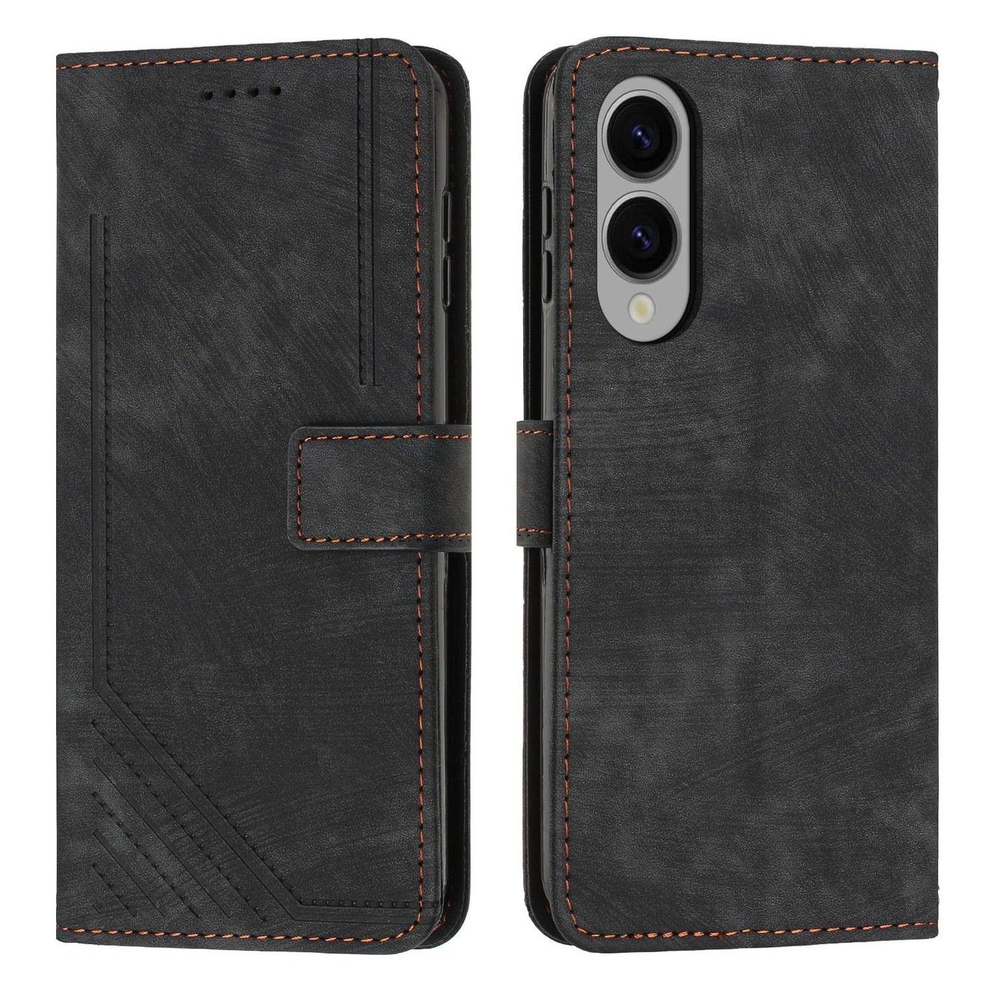 For Samsung Galaxy S25 Edge 5G Skin Feel Stripe Pattern Leather Phone Case with Long Lanyard(Black)