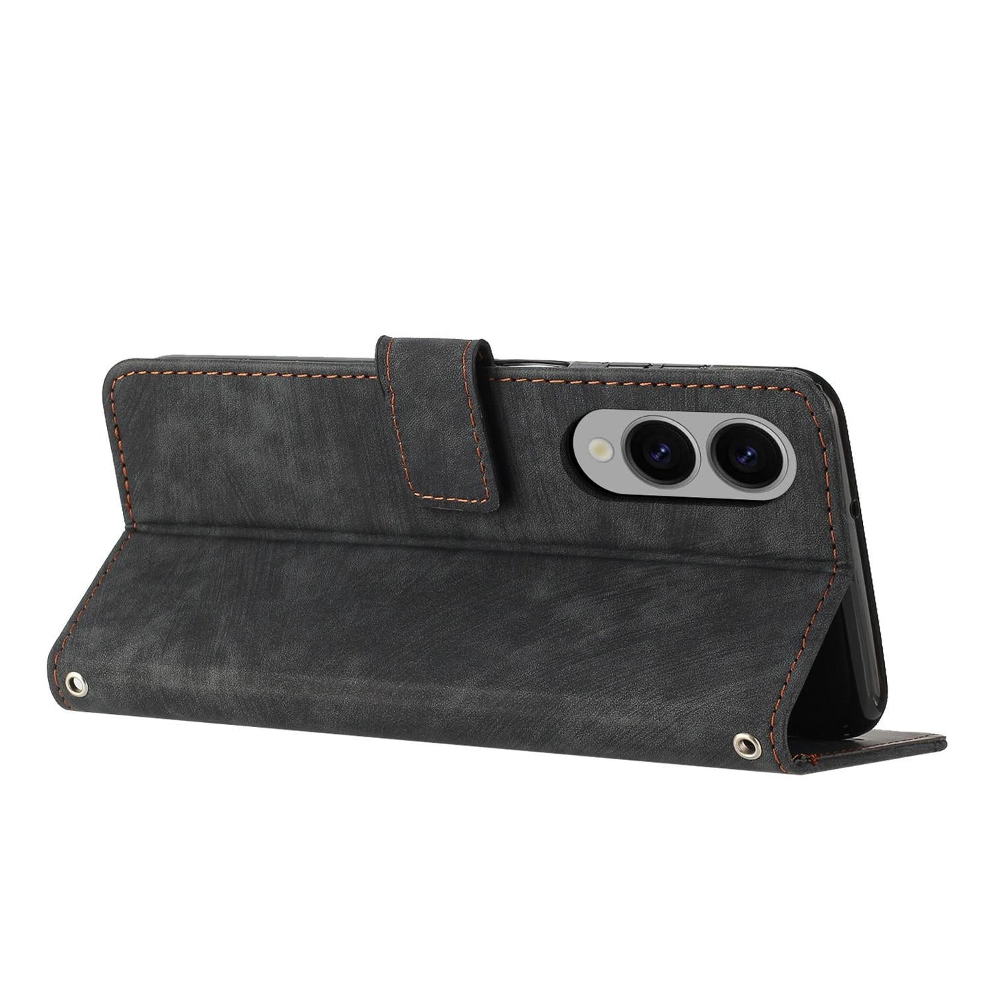 For Samsung Galaxy S25 Edge 5G Skin Feel Stripe Pattern Leather Phone Case with Long Lanyard(Black)